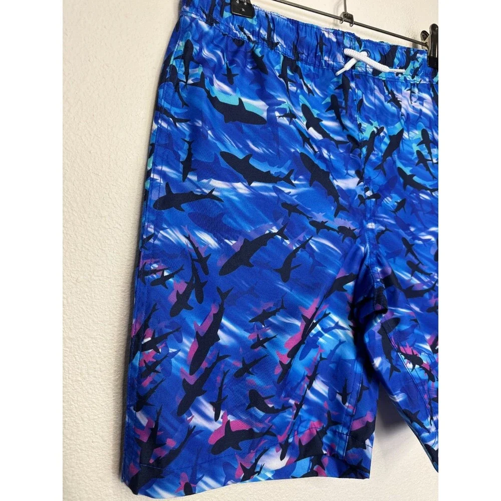 Lands' End Boys Large Cool Sharks Swim Trunks Drawstring Pocket Mesh Lined NWT